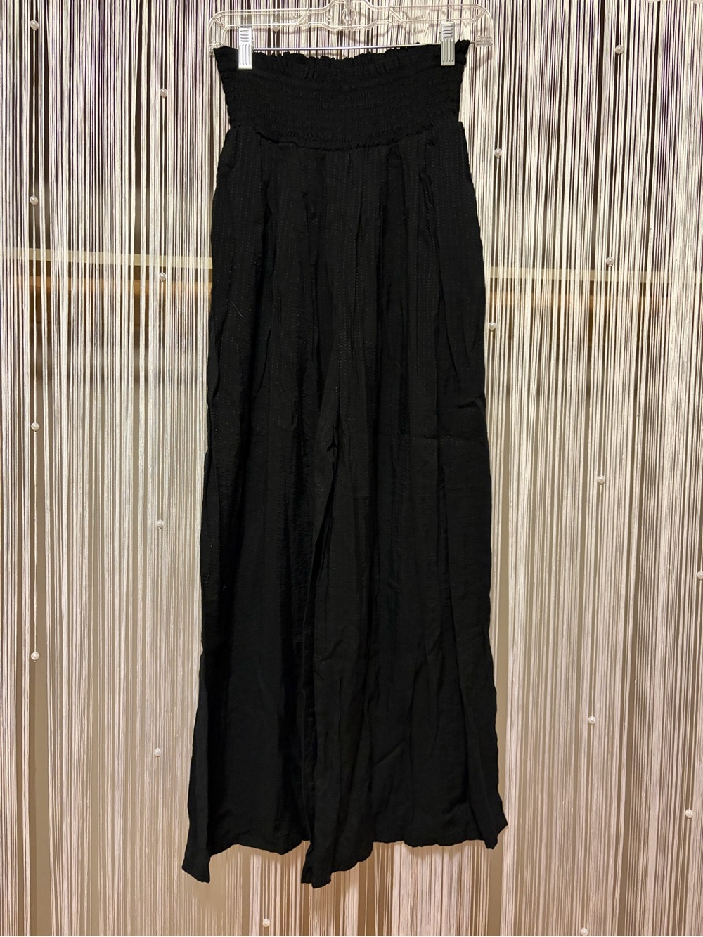 Mustard Seed Black Smocked Waist Flowy Wide Leg Pants